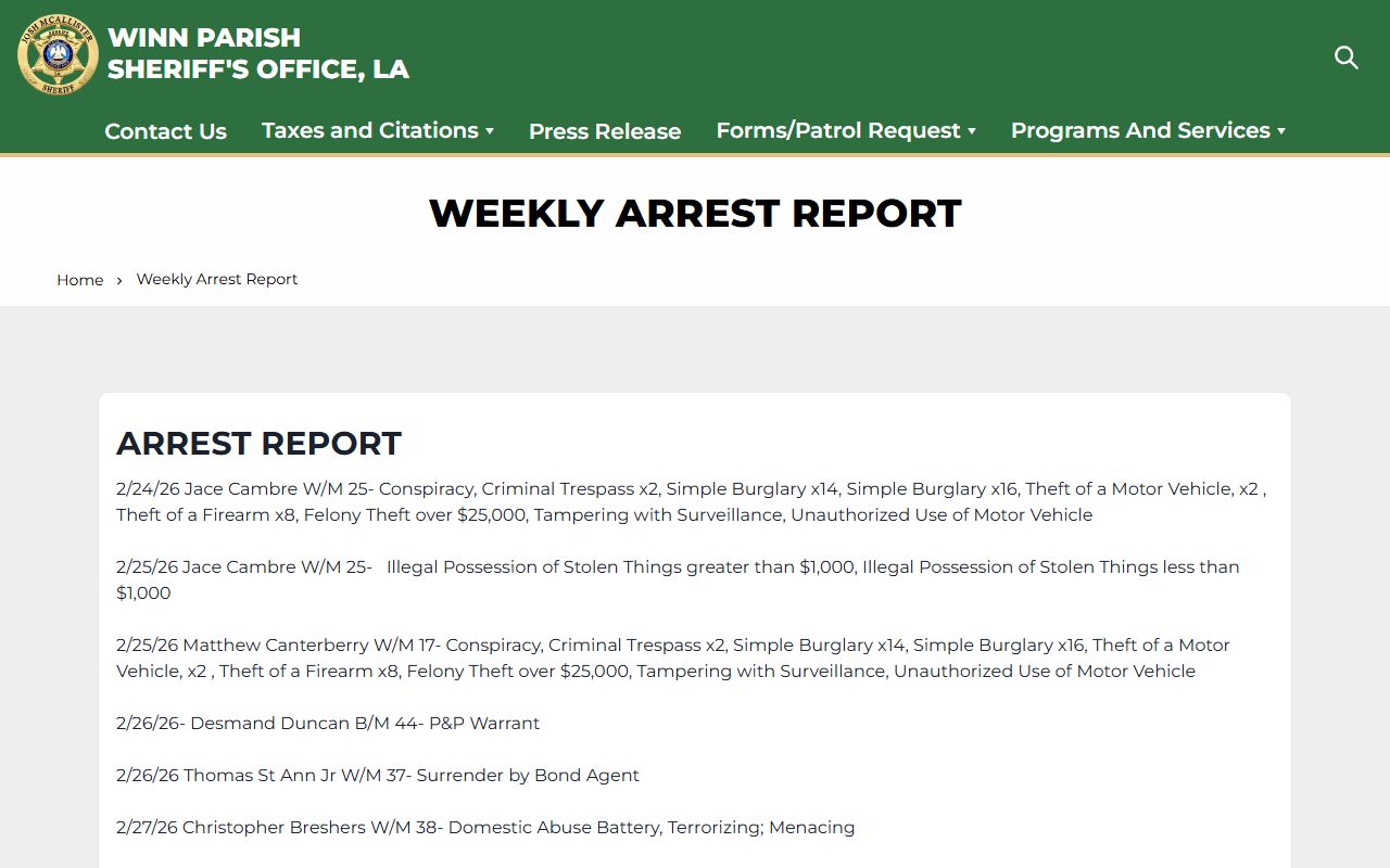 winn parish police blotter weekly arrest report page from winn parish sheriff