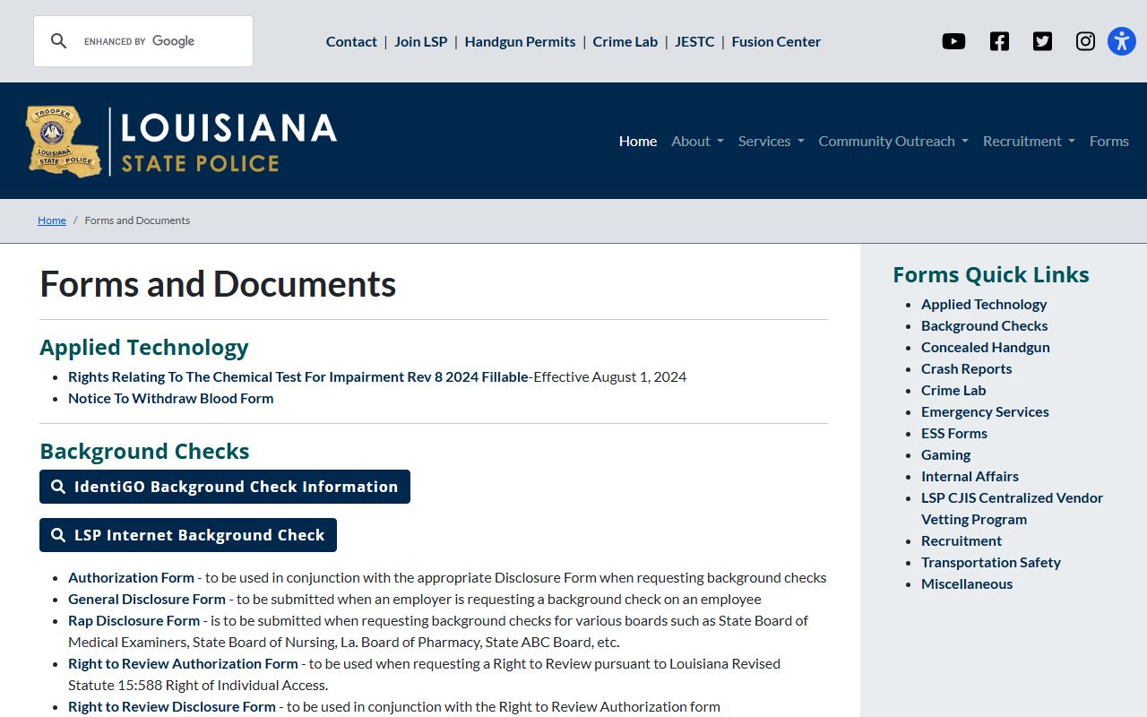 Louisiana State Police forms page for requesting crash reports and police blotter records