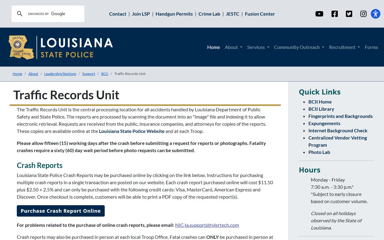 Louisiana State Police Traffic Records Unit page showing crash report request procedures and timelines